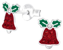 Joy|S - Zilveren kerst oorbellen - kerstklokje - rood met groen - kristal - 6 x 8 mm - klokje kinderoorbellen