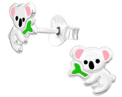 Joy|S - Zilveren koala oorbellen - zilver met roze oortjes - bamboe groen - 7.3 mm - kinderoorbellen