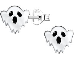 Joy|S - Zilveren spook oorbellen - 8 mm - sterling zilver 925 met zwarte accentjes - kinderoorbellen - halloween oorknoppen