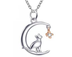 Ketting Kat met Maan Zilver | 45 cm tot 50 cm | Sparkolia | Poes | Meisjes Vrouwen | Sinterklaas Kerst Cadeau