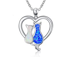 Ketting Katten met Hart, Zilver Blauw | 45 cm tot 50 cm | Sparkolia | Meisjes Vrouwen | Kat Poes | Kinderketting | Sinterklaas Kerst Cadeau