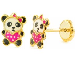 La Rosa Princesa Panda Oorbellen Meisjes Goud 9 karaat - Schroefsluiting - Beer roze Hart Oorknoppen schroefdop kind