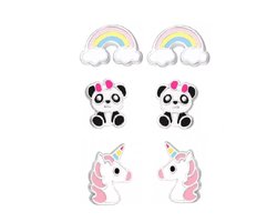 La Rosa Princesa Set Regenboog Eenhoorn oorbellen Zilver Meisje Zilveren Panda oorstekers