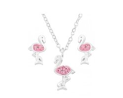 La Rosa Princesa Set Roze Flamingo Oorbellen Ketting Zilver - Cadeau Meisje