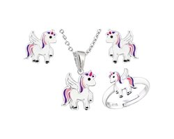 La Rosa Princesa Zilveren Set Eenhoorn Oorbellen Unicorn Ketting met hanger - Ring Meisje Kind