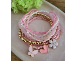 LiLaLove Meisjes Kralenarmbanden- Armbandenset Roze- Hartje Vlinder Bloem- Kinder Armband