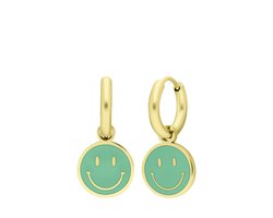 Lucardi Kinder Stalen goldplated oorbellen met smiley mint - Oorbellen - Staal - Goudkleurig