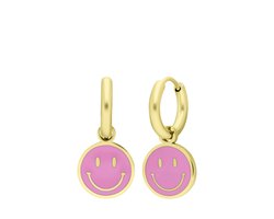 Lucardi Kinder Stalen goldplated oorbellen met smiley roze - Oorbellen - Staal - Goudkleurig