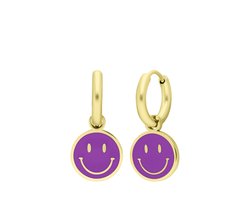 Lucardi Kinder Stalen goldplated oorbellen met smiley violet - Oorbellen - Staal - Goudkleurig