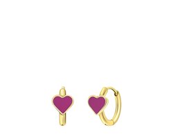 Lucardi - Kinder Stalen goldplated oorringen met hart emaille fuchsia - Oorbellen - Staal - Goudkleurig