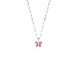 Lucardi Kinderen Ketting vlinder roze kristal - Echt Zilver - Ketting - Cadeau - 38 cm - Zilverkleurig