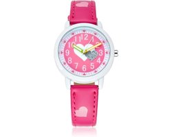 Meisjes Horloge - Hartjes – Leren Bandje – Donker Roze - Girls Watch