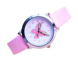 Meisjes horloge met vlinder afbeelding en roze leer bandje.