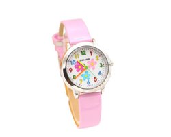 Meisjes horloge roze met bloem afbeelding en leer bandje.