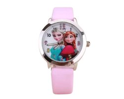 Meisjes horloge Roze met Frozen afbeelding Elsa en Anna met leer bandje.