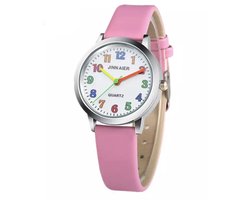 Meisjes horloge roze met gekleurde cijfers en leer bandje