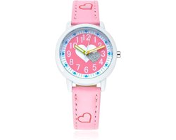 Meisjes Horloge – Roze met Hartjes – Leren Bandje - Girls Watch