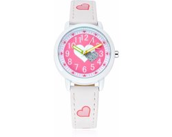 Meisjes Horloge - Wit met Roze Hartjes – Leren Bandje - Girls Watch