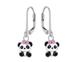 Oorbellen meisje | Zilveren kinderoorbellen | Zilveren oorhangers, panda met roze strikje