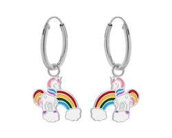 Oorbellen meisjes zilver | Eenhoorn oorbellen | Zilveren oorringen met hanger, regenboog met eenhoorn