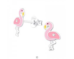 Oorbellen meisjes zilver | Zilveren oorstekers, roze flamingo met kristal