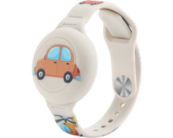 Premium Siliconen Armband met Auto's geschikt voor Apple AirTag voor Kinderen creme | AirTag-sleutelhanger Hoesje Kind | Polsband GPS Horloge Kind | Tracker Houder Armband | Trackers Band | Peuter | AirTag Polsband Armband | Polsband GPS