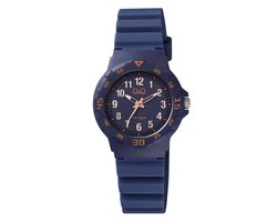 Q&Q VR19J018Y - Horloge - Sport - Analoog - Dames - Vrouwen - Kinderen - Plastic band - Rond - Kunststof - Cijfers - Donkerblauw - Oranje - 10 ATM