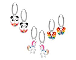 Set van zilveren oorringen met hanger, panda donut, eenhoorn en vlinder met regenboog kleuren