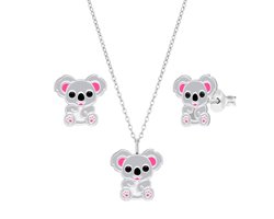 Set van zilveren oorstekers en ketting, koala beertje met onyx ogen