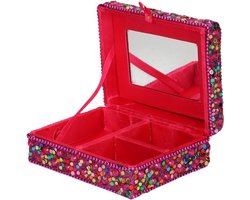 Sieradenkistje met glitters - 8 x 10 x 4 cm - Fuchsia - Juwelenkistje met spiegel - 3-vaks - meisjes