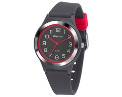 Sinar - Horloge Kind - Kinderhorloge Meisje - Tiener - 10 bar Waterdicht - Analoog - Ø 36 mm - Stevig Siliconen bandje - Verstelbaar (13 - 18,5 cm) - Edelstalen Sluiting - Quartz uurwerk - Donker Grijs / Donker Roze - XB-48-11