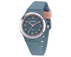 Sinar - Horloge Kind / Tiener / Jeugd - Kinderhorloge Meisje / Tiener / Jeugd - 10 bar Waterdicht - Analoog - Blauw / Rosé - Ø 36 mm - Stevig Siliconen bandje - Verstelbaar (13 - 18,5 cm) - Edelstalen Sluiting - Quartz - XB-48-22