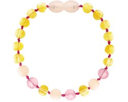 Wild Sun Barnsteen Armband Baby / Peuter - Amber Enkelbandje - Baltische Barnsteen – Pijnstillend bij Doorkomende Tanden - 14 cm – Lemon / Rose Quartz / Pink Jade