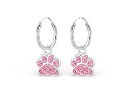 zilver kinder oorbellen meisje met hondenpoot 24 roze kristal steentjes hanger | Dierenpoot poot Oorringen Meisje Zilver | Zilverana | 925 Silver (Echt zilver)