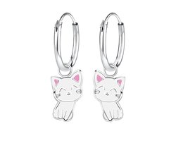 Zilver kinder oorbellen meisje met wit roze katje hangertje | Oorringen wit poesje hanger | Kinderoorbellen meisje zilver | Zilverana | 925 Silver (Echt zilver)