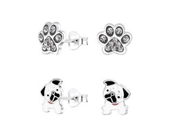 Zilveren bulldog hond en crystal pootjes kinderoorbellen | hond oorknopjes Meisje Zilver | poot kristal oorknopjes Meisje Zilver | kindersetje oorstekers | kindersieraden meisje sets zilver| Zilverana | Sterling 925 Silver