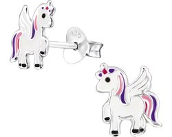 zilveren kinder oorstekers in de vorm van een eenhoorn paars | Unicorn kinderoorbellen meisje zilver | Zilverana |Sterling 925 Silver (Echt zilver)