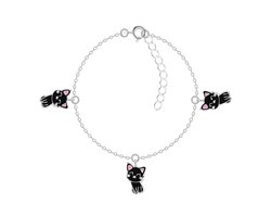 Zilveren kinderarmband met 3 zwarte katjes | poesje hanger bedel armband | armbandje Meisje Zilver | Zilverana | Sterling 925 Silver