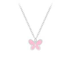 zilveren kinderketting met roze vlinder hangertje | ketting meisje | Sterling 925 Silver (Echt zilver)