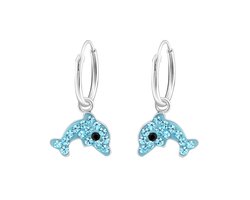 zilveren kinderoorbellen hangend dolfijn blauw kristal | Oorringen Meisje Zilver | Zilverana | Sterling 925 Silver