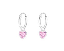 zilveren kinderoorbellen hangend hartje roze kristal | Oorringen Meisje Zilver | Zilverana | Sterling 925 Silver