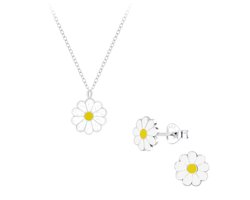 Zilveren madeliefje daisy kinderoorbellen en ketting setje | daisy oorknopjes Meisje Zilver | kinderketting madeliefje | kindersetje oorstekers ketting | Zilverana | Sterling 925 Silver