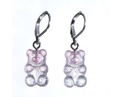 Zilveren oorbellen Gummy Bear wit/roze