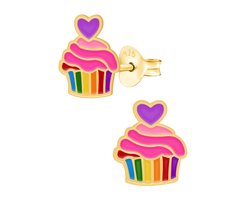 Zilveren oorbellen meisje | Oorbellen kind | Gold plated oorstekers, cupcake in regenboog kleuren en hartje