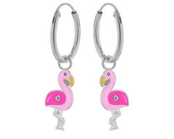 Zilveren oorbellen meisje | Oorbellen kind | Zilveren oorringen met hanger, roze flamingo met kristal