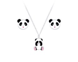 Zilveren panda kinderoorbellen en ketting | panda oorknopjes Meisje Zilver | kinderketting panda | kindersetje oorstekers ketting | kindersieraden meisje sets zilver | Zilverana | Sterling 925 Silver