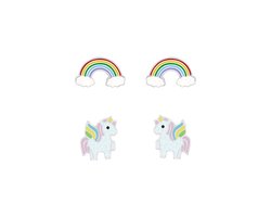 Zilveren regenboog en unicorn kinderoorbellen | unicorn oorknopjes Meisje Zilver | regenboog oorknopjes Meisje Zilver | kindersetje oorstekers | kindersieraden meisje sets zilver |  Zilverana | Sterling 925 Silver