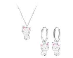 Zilveren wit katje hanger kinderoorbellen en ketting | cadeau set meisje | oorhangers Meisje Zilver | kinderketting wit kat | kindersetje oorringen met hanger ketting | Zilverana | Sterling 925 Silver