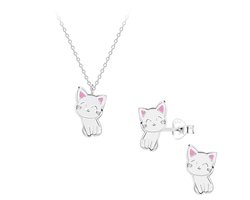 Zilveren wit katje kinderoorbellen en ketting | cadeau set meisje | oorknopjes Meisje Zilver | kinderketting wit kat | kindersetje oorstekers ketting | Zilverana | Sterling 925 Silver