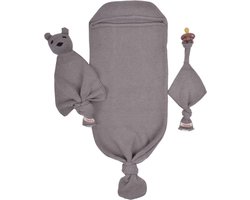 Minora Inbakerslaapzak Set 0/8 maand- Cocoon Teddy en Fopspeenhouder- 3 Delig babykleding jongens en meisjes-Winterslaapzak- Inbakerdoeken-Swaddle- Kraamcadeau - Newborn- Grijs